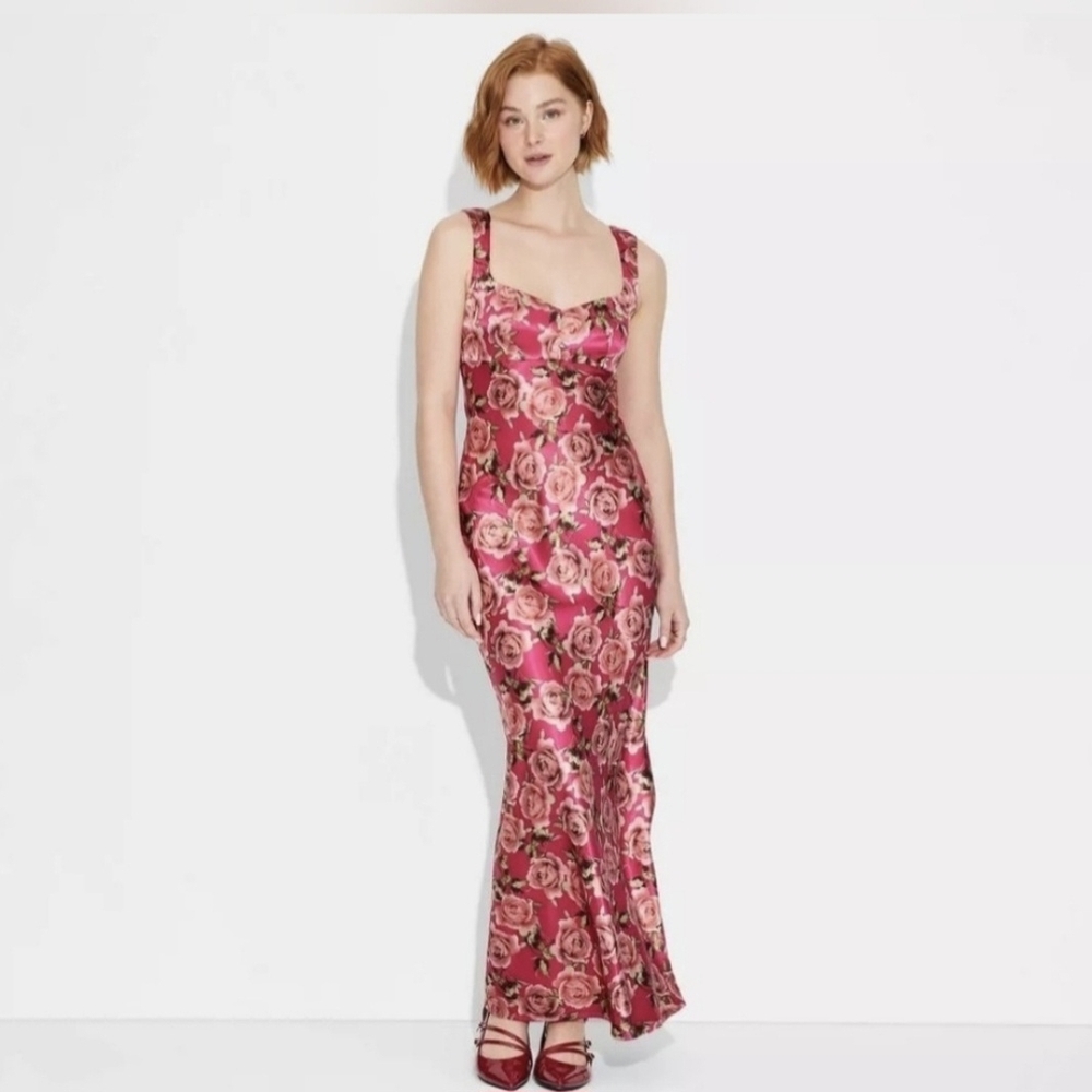 Wild Fable Satin Maxi Bodycon Dress Mini Cap Sleeves Red Floral Size Medium New